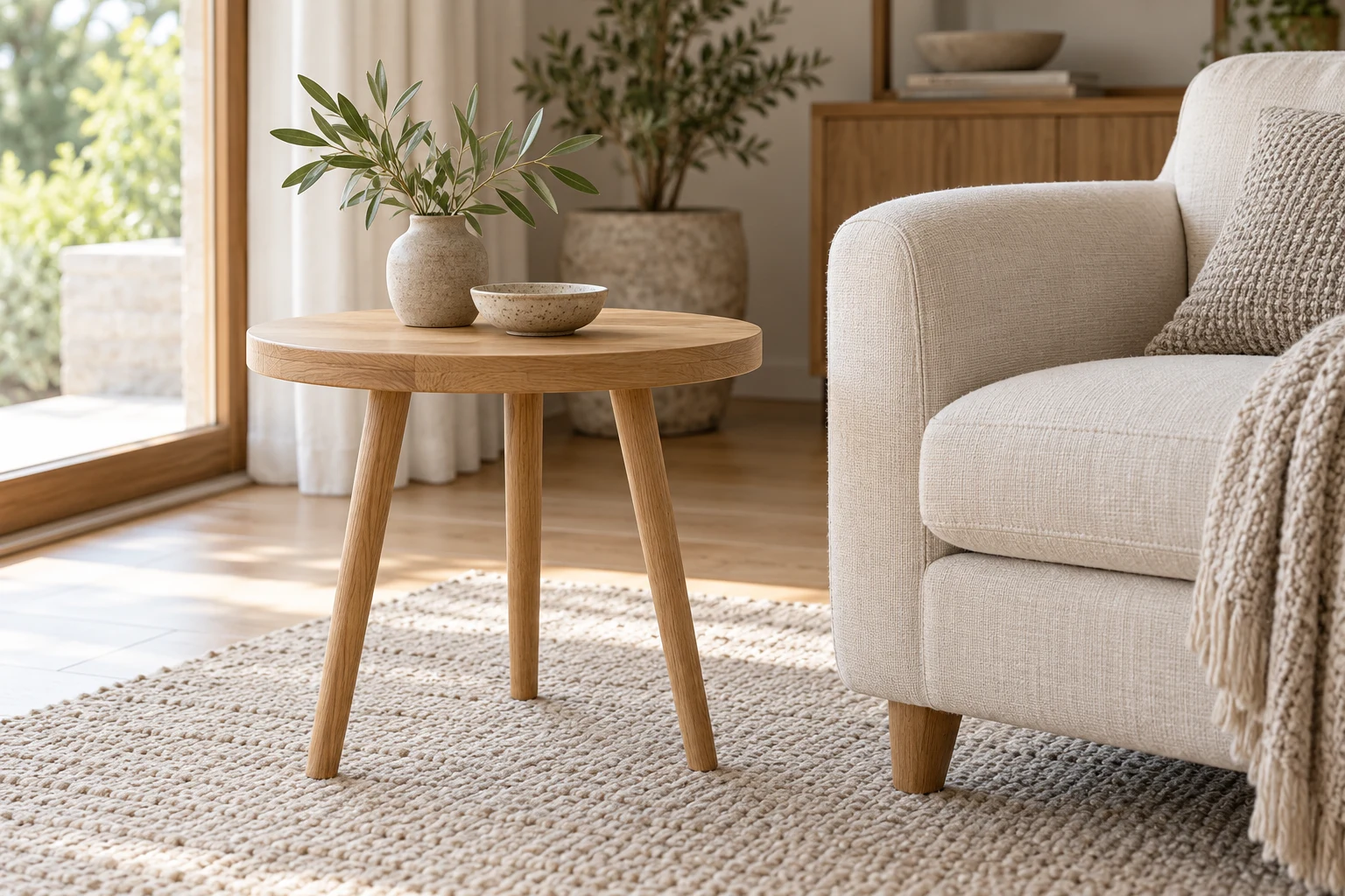 A round oak side table beside an armchair in a calm room